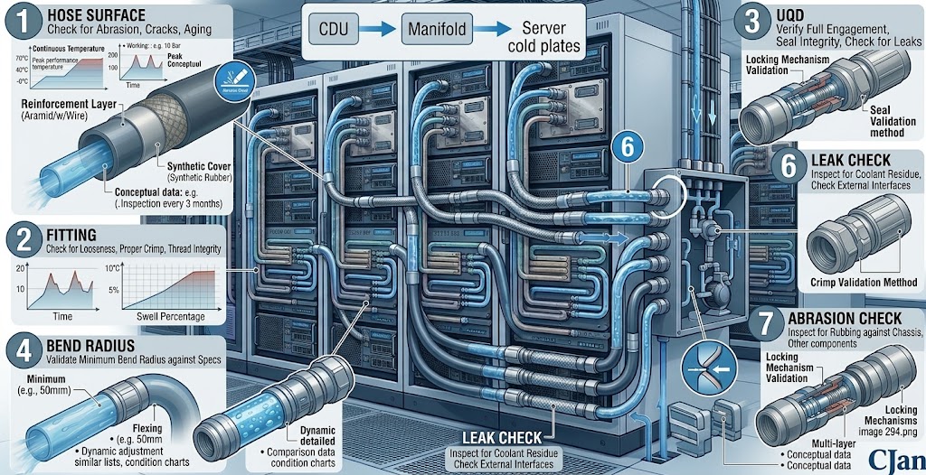 Inspection points for liquid cooling hoses in AI data centers